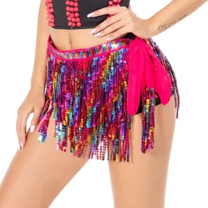 Sexy femmes danse du ventre hanche <span class=keywords><strong>Tutu</strong></span> jupe écharpe ceinture paillettes paillettes gland Hipscarf jupe robe d'été Costume frange jupe tenue - Product Image 4