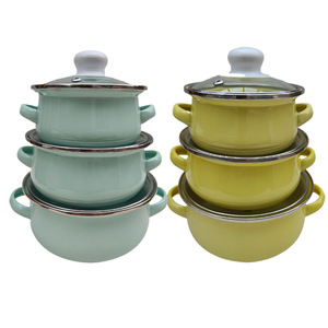 Bán nóng 6 miếng Mini tráng men đáy phẳng nồi súp đặt 12 + 14 + 16cm đầy màu sắc không có lớp phủ đôi Tai nồi đặt với nắp thủy tinh - Product Image 5