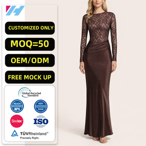 Abito Lungo Elegante da Sera per Donna, Sexy e Raffinato, in Pizzo e Raso, Manica Lunga, Produzione OEM Personalizzata, Vendita all'Ingrosso - Product Image 1