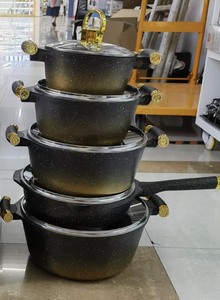 Wholesale 10pcs Aluminum Cookware Set 20/24/28/32cm Casserole 28cm Shallow Pot <strong>Gold</strong> Plated Handle Non Stick Pot Set - Product Image 6