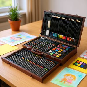 Kit d'art professionnel de 140 pièces, boîte en bois, crayons de couleur, pastels à l'huile, pinceaux aquarelle, gomme pour enfants - Product Image 2