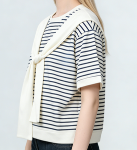 Haut en tricot rayé de style coréen avec logo personnalisé, col rond, patchwork polyvalent, manches mi-longues, confortable, décontracté pour femmes - Product Image 3