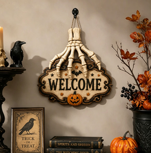 Placa de Bienvenida de Madera Estilo Gótico Rústico para Halloween con Adorno de Garra de Esqueleto, Calabaza de Jack O' Lantern y Murciélago, Regalo de Recuerdo para Fiestas - Product Image 3