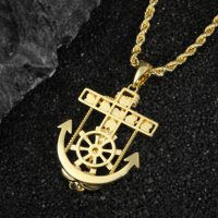 Pendentif Ancre de Bateau en Laiton Plaqué Or 14 carats avec Zircon Personnalisé, Bijou Hip-hop Tendance pour Unisexe