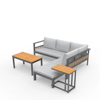 Ensemble de canapé d'angle en rotin avec structure en aluminium Dwoo, 5 pièces, avec table basse en WPC relevable et coussins épais de 8 cm pour la terrasse et le jardin