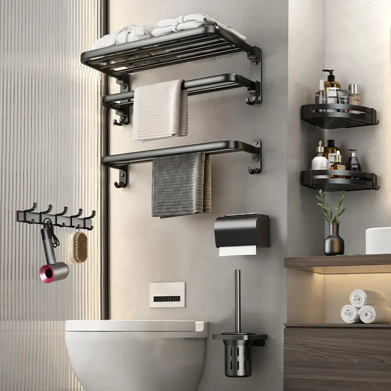 Amazon vendita calda 2023 alluminio nero accessori per la conservazione del bagno set da bagno rubinetti per vasca e doccia portasciugamani