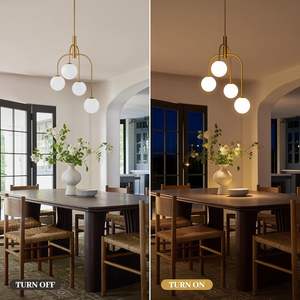 באמצע המאה המודרנית חדר אוכל תליון תאורה זהב נברשת כדור מתכת עם זכוכית חלב גלובוס e12 בסיס מנורת ברזל - Product Image 4