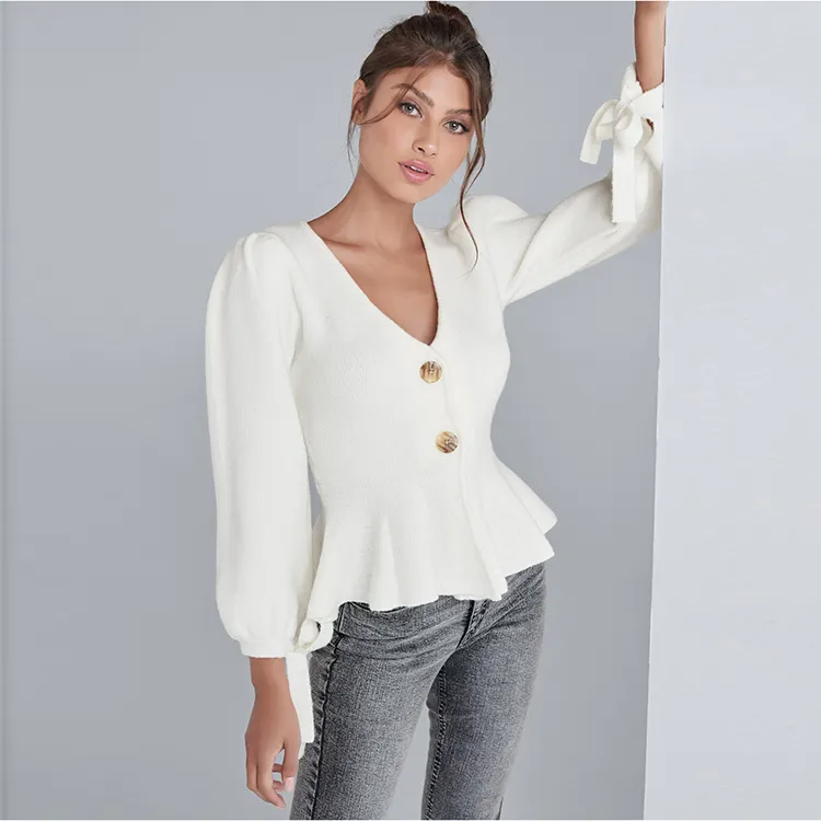 Solid Pure White Peplum Cardigan Sweater Mantel New Fashion Damen Strickkleid ung Tops Ballon ärmel Elegant 2021 Herbst Winter