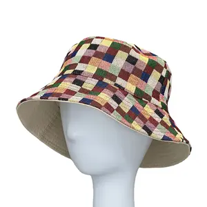 Cappello pescatore giapponese primavera autunno moda contrasto colore cotone lino arcobaleno colorato reticolo Check Plaid tinta unita cappello da pescatore