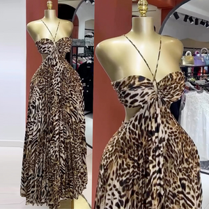 Mới Nhất Thiết Kế Phụ Nữ Thời Trang dạo phố Phụ Nữ Thời Trang Ren Up Không Tay xếp li Maxi Dresses Sexy Backless Leopard In Halter Dress - Product Image 1