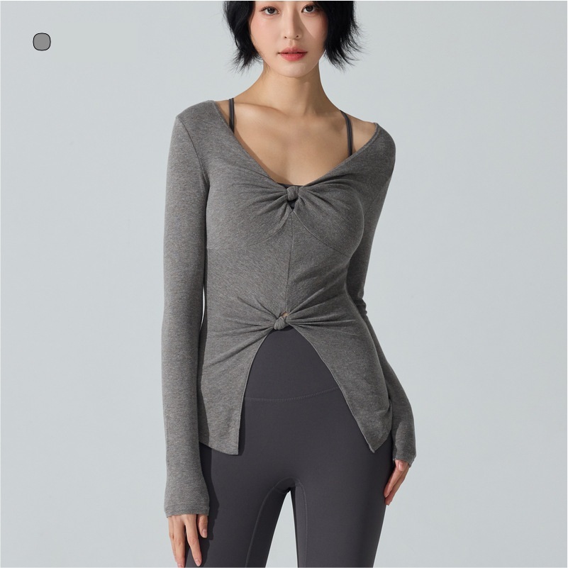 Slim Fit V-Neck Yoga Top for Women Lightweight Breathable Soft Double Twist Long Sleeve Sports T-Shirt