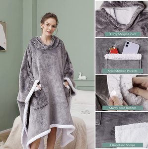 Fluffy Flannel Sherpa Fleece Winter Sweatshirt Wearable Hooded Cape Pullover Poncho <strong>Blanket</strong> With Sleeves - Product Image 6