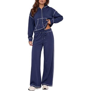 Ensemble personnalisé pour femmes, 2 pièces, sweat à capuche zippé, pantalon large, manches longues, taille élastique, couleur unie - Product Image 1