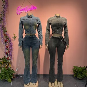 Comeluckin Acid Washed Stretch Denim Herfst Vrouwenkleding Katoen 2-delig Set Lange Mouwen Cropped Jack & Broekpak Lente Outfits - Product Image 1