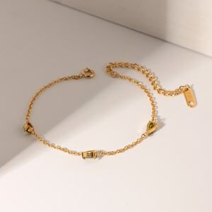 Fashion 18K Gold Plated Stainless Steel Fine <b>Chain</b> Jewelry Gift Charm Green Heart Cubic Zirconia Bracelet - Product Image 2