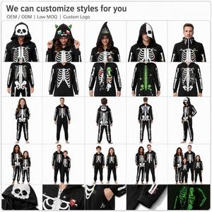 Premium Karanlıkta Parlayan Cadılar Bayramı Eşleşen Pijama Takımı İskelet Baskılı Yüksek Yoğunluklu Örme Tulum AQL 1.0 Kalite Kontrolü OEM - Product Image 4