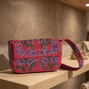 Handmade Beaded Red Clutch Bag With Purple Floral Pattern Cross-Body Strap <b>For</b> Evening Party - Product Image 2