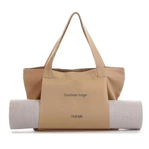 Borsa Tote con LOGO personalizzato in tela Beige con tappetino Yoga tascabile borsa a tracolla per ufficio Pilates da viaggio spiaggia e palestra