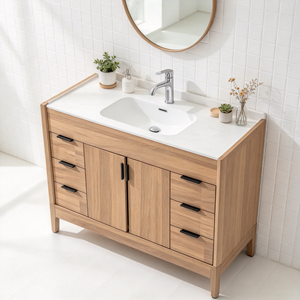 Mueble de Baño Nórdico de Madera Maciza con Lavabo, Cajones de Almacenamiento y Estante Abierto, Muebles al por Mayor para Hoteles - Product Image 3