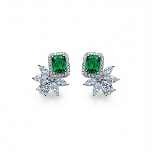 Orecchini di lusso con smeraldi, design floreale in oro massiccio 18 carati, diamanti taglio marquise, gioielli da sposa per donna - Product Image 1