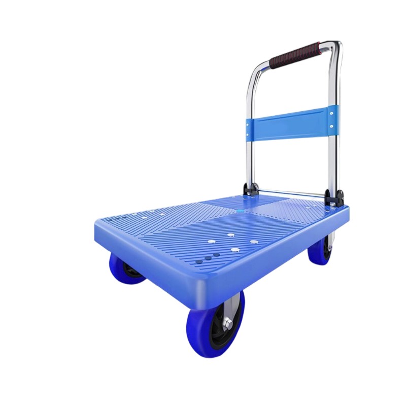 AOCHEN Anti-Slip Textured Platform Cart with Folding Handle, Single Metal Railing Swivel Casters