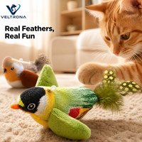 Jouet interactif couineur pour chat et chien, motif oiseau de dessin animé, avec queue en plumes véritables, corps en peluche et couineur interne - 3 couleurs, 16 cm