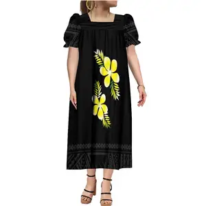 Hot Selling Pacific Island Low Price Dress Micronesian Muumuu Square Collar Midi Floral Dress Womens Midi Puffy Dress Custom