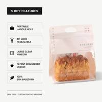 Pochette portable à fermeture éclair, film mat dépoli, fenêtre transparente complète, trou de poignée, sans danger pour les aliments, pour toasts, pâtisseries, cadeaux, vente au détail