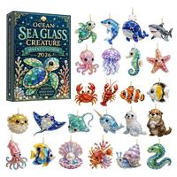 Calendrier de l'Avent Thème Créatures Marines Style Verre de Mer, Breloques et Ornements en Acrylique Animaux Océaniques, Coffret Surprise Jouets, Décoration Murale pour la Maison