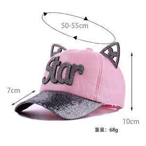 Großhandel 3D Cartoon Katzenkopf 5-Panel Kinder Baseballkappe mit Ohren Kleinkind Baseballmützen für Mädchen mit Strass-Buchstaben Verziert - Product Image 6