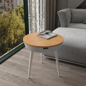 2022 뜨거운 현대 홈 나무 작은 블루투스 사이드 테이블 라운드 스피커 무선 충전 스마트 테이블