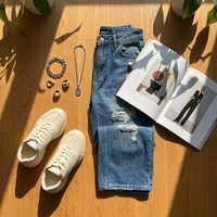 Jean décontracté Y2K pour femme, taille haute, jambe large, longueur genou, en denim bleu, coupe ample, pour l'été, les fêtes et le quotidien