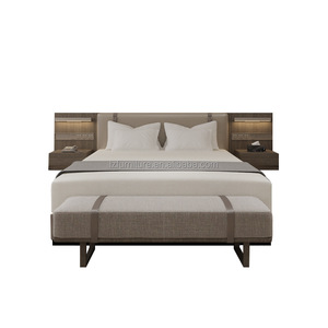 3 Star Hotel Bedroom Furniture Set Integrated <b>Headboard</b> Nightstands Custom Cheap King Queen Size MDF Wooden Plywood Bed Frame - Product Image 1
