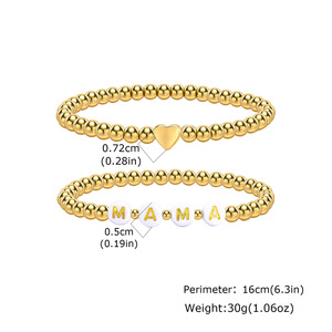 18K Gold Stainless Steel Bead Heart Charm Acrylic MAMA Flat Bead Two-Piece Bracelet <b>Set</b> Trendy Women Fashion Gift - Product Image 5