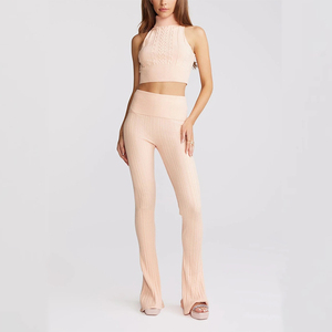 Pantalones de campana de punto acanalado <span class=keywords><strong>rosa</strong></span> de cintura baja, casuales, antiarrugas, antiestáticos, con botones y volantes, para primavera - Product Image 2