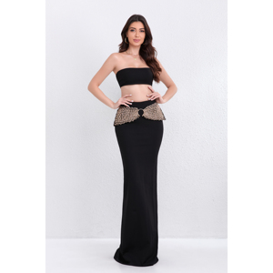 A9309 <span class=keywords><strong>Pronto</strong></span> per la Spedizione, Completo <span class=keywords><strong>Donna</strong></span> alla <span class=keywords><strong>Moda</strong></span> con Gonna Lunga e Top Corto Nero, Tailleur Due Pezzi - Product Image 1