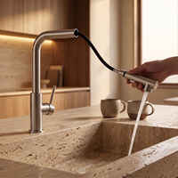 Robinet de cuisine flexible en acier inoxydable 304 nickel brossé avec jet cascade et pulvérisation laminar, mitigeur eau chaude et froide