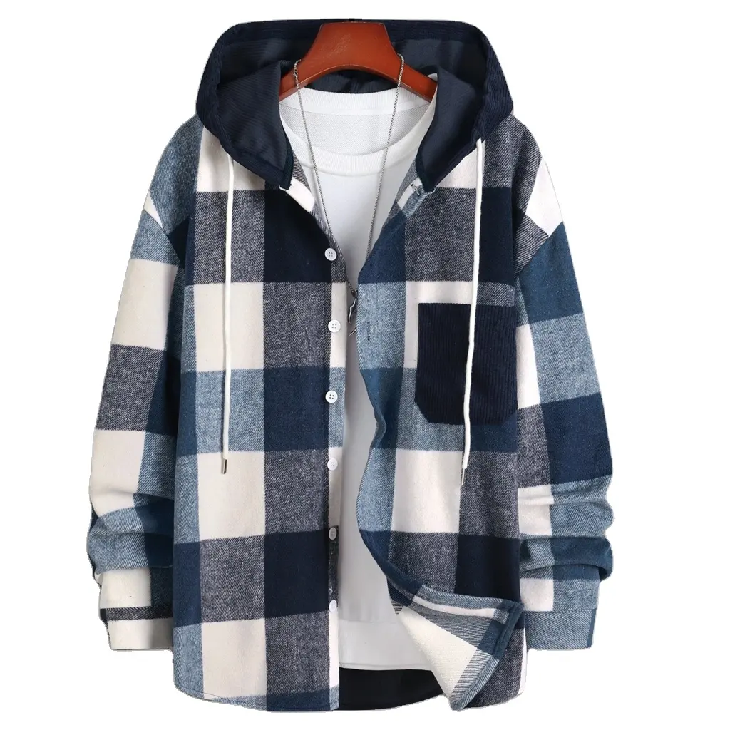 Double Pockets Design Fluffy Fleece-lined Hooded Jacket Night Berber Lined Hooded Flannel Shirt Jacket