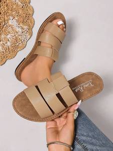 Sandalias Planas Glamour Color Albaricoque con Tira Ancha y Adornos de Pedrería, Parte Superior de Tela, Modernas, Cómodas y Transpirables para Primavera/Verano - Product Image 2