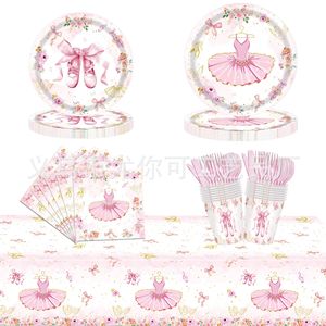 Vaisselle de fête sur le thème du ballet, 60-80 pièces, assiettes en papier, gobelets, serviettes, couverts, pour fête d'anniversaire de fille, décorations florales - Product Image 1