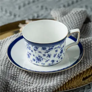 Taza de café Floral azul, taza de té de cerámica China de hueso, personalizada, estilo clásico, venta al por mayor