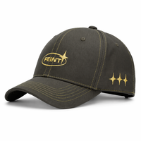 Casquette de baseball 6 panneaux 100 % coton olive foncé avec surpiqûres contrastées, broderie dorée, sangle réglable, tissu respirant et imperméable
