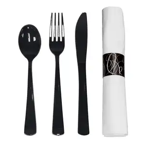Kit di posate usa e getta Extra resistente in plastica nera forchetta coltello cucchiaio con tovaglioli