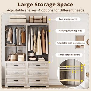 Hệ thống tủ quần áo đứng tự do bằng gỗ với 3 ngăn kéo gỗ, tủ quần áo hiện đại có kệ có thể điều chỉnh - Product Image 4