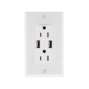 Prise murale USB 15A de couleur blanche avec prise duplex TR avec plaque murale - Product Image 1