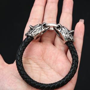 Pulsera vikinga con cabeza de lobo de cuero trenzado de acero inoxidable para hombre, joyería de metal pesado vintage de alta calidad, retro, sólida y duradera - Product Image 5