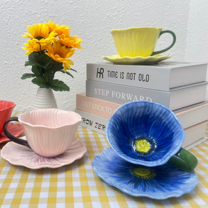 Factory Best Seller 250ml Retro Solid Irregular Petal <b>Ceramic</b> Coffee <b>Mug</b> with Tray and Business Gift for Afternoon Tea - Product Image 3