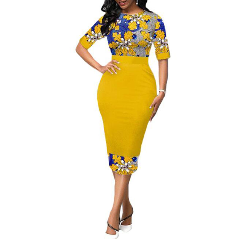 Summer Yellow Elegant Floral Print Party Dress for Woman