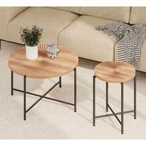 Set di tavolini da caffè e tavolini laterali in 2 pezzi con motivo radiale, MDF impermeabile con rivestimento in PVC, design cilindrico anticato, metallo nero - Product Image 2