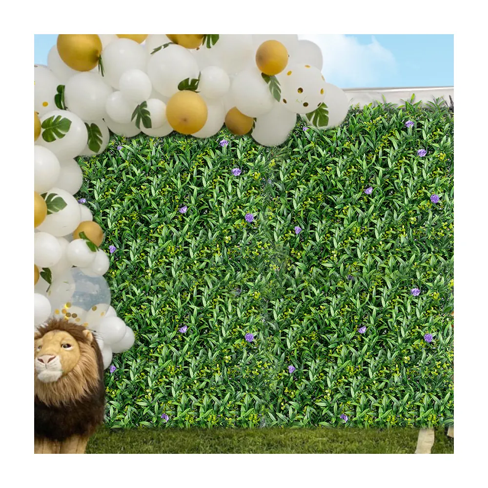 P242 grosir pagar rumput campuran imitasi menutupi latar belakang privasi dinding Panel tanaman mawar ungu kayu putih hijau buatan